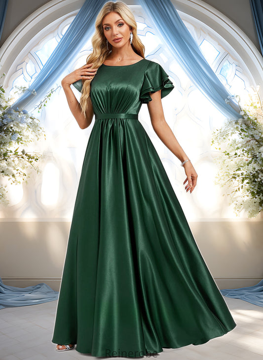 Maureen A-line Scoop Floor-Length Stretch Satin Bridesmaid Dress With Ruffle DQP0025770