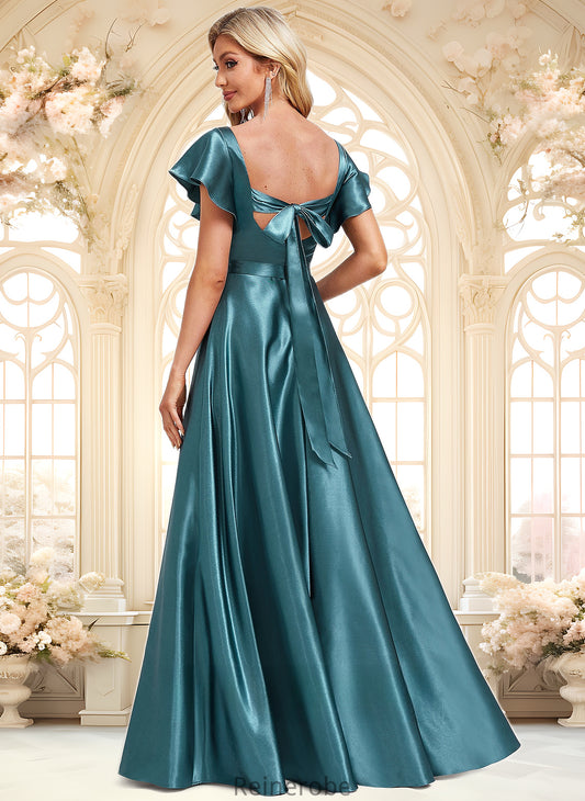 Patsy A-line V-Neck Floor-Length Stretch Satin Bridesmaid Dress With Ruffle DQP0025780