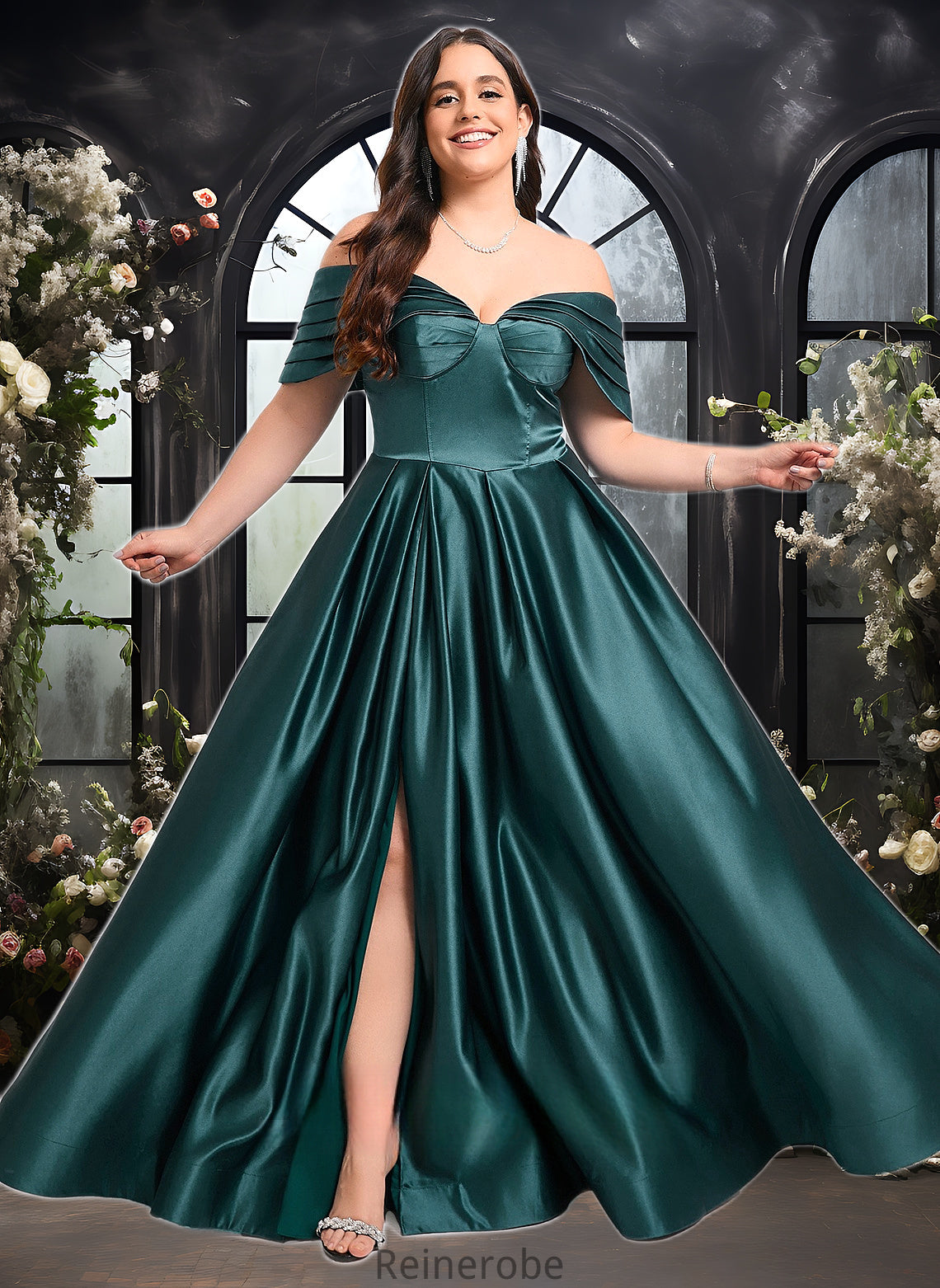 Ruth A-line Off the Shoulder Floor-Length Satin Prom Dresses With Pleated DQP0025851