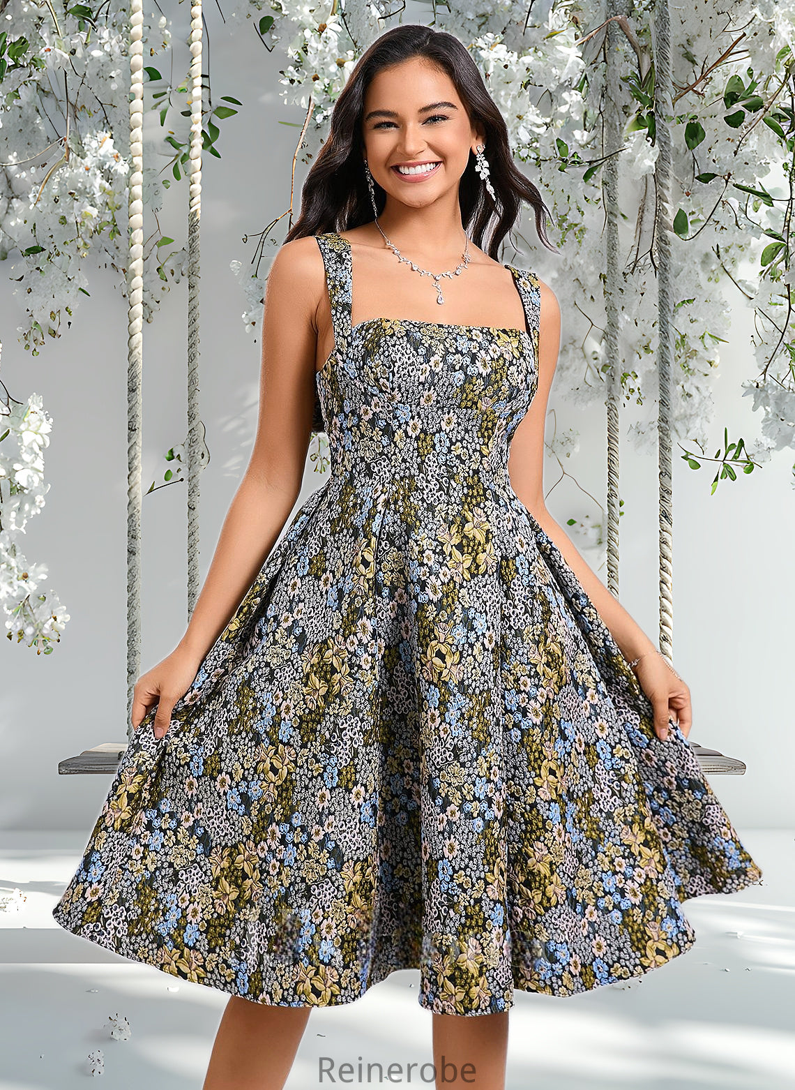 Ayanna A-line Square Knee-Length Jacquard Homecoming Dress With Bow DQP0025687