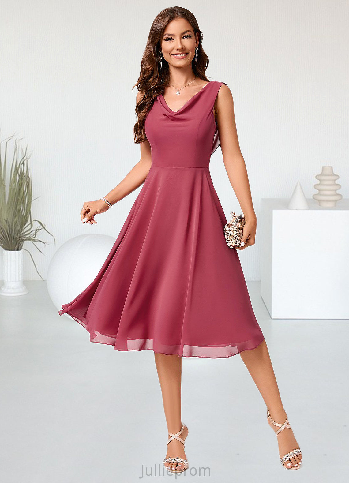 Camryn A-line Cowl Knee-Length Chiffon Cocktail Dress With Ruffle DQP0022232