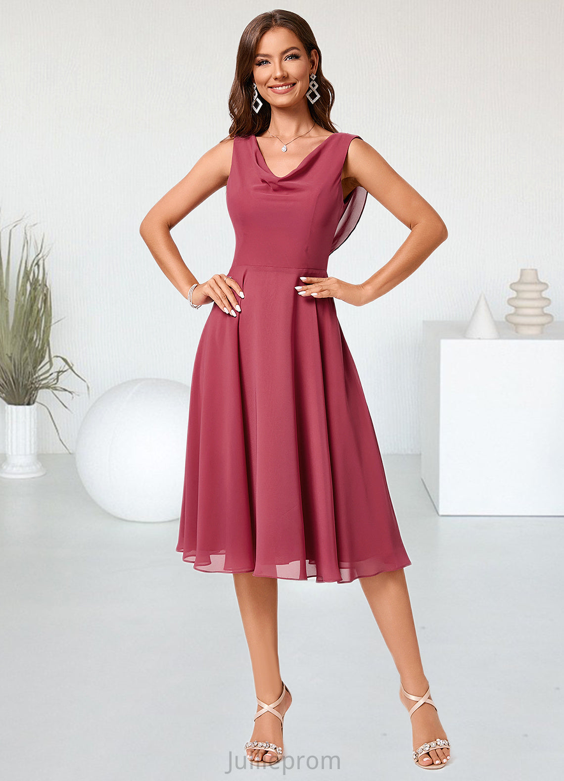 Camryn A-line Cowl Knee-Length Chiffon Cocktail Dress With Ruffle DQP0022232