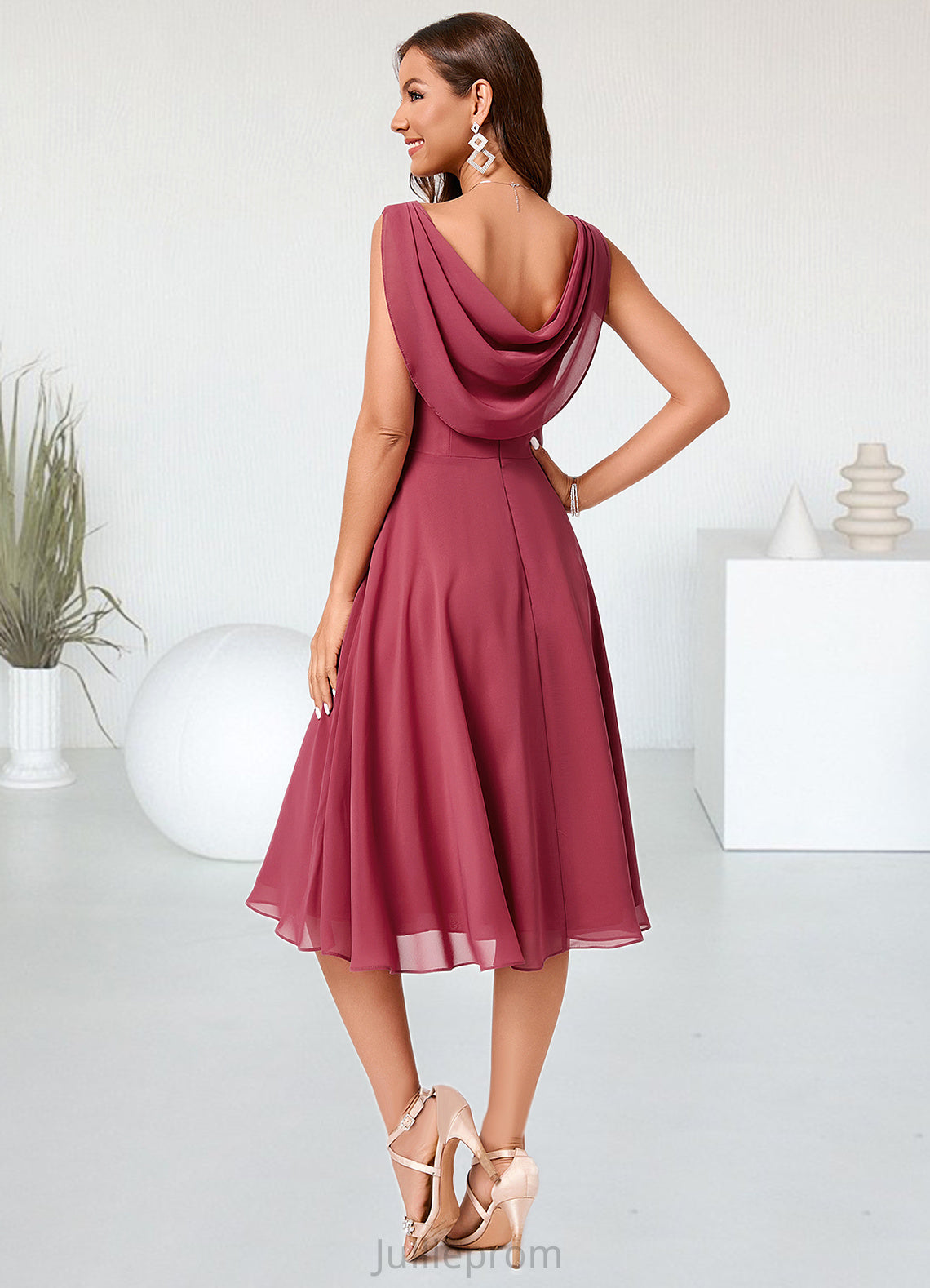 Camryn A-line Cowl Knee-Length Chiffon Cocktail Dress With Ruffle DQP0022232