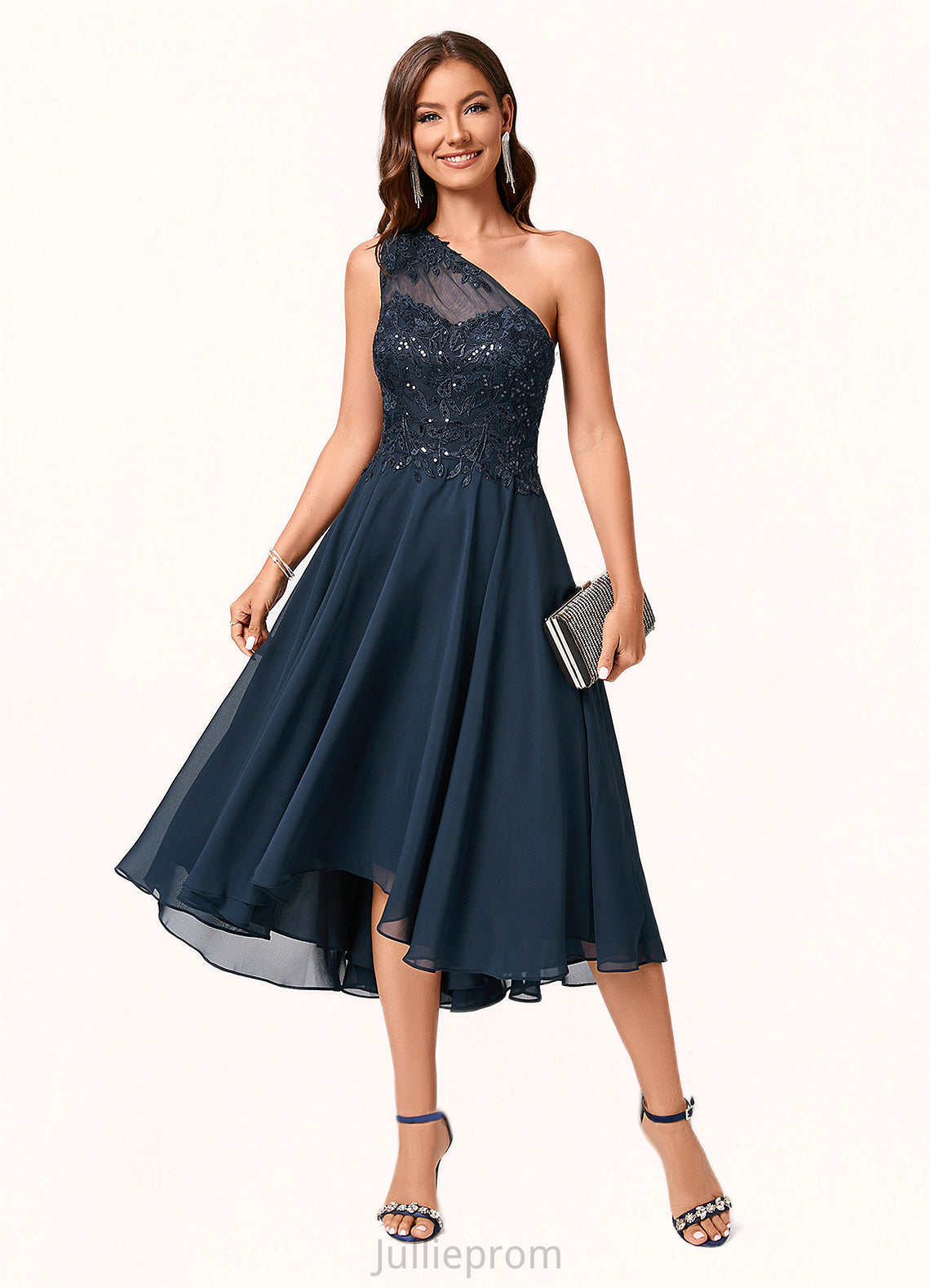 Ainsley A-line One Shoulder Asymmetrical Chiffon Lace Sequin Cocktail Dress With Sequins DQP0022245