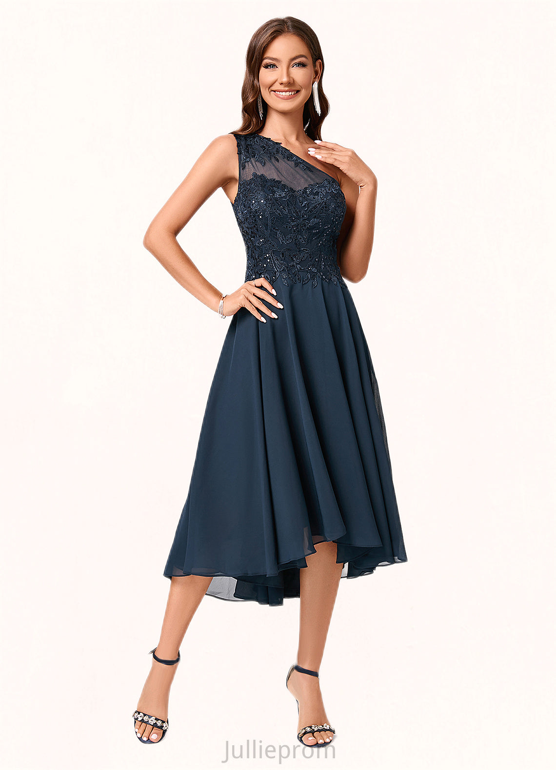 Ainsley A-line One Shoulder Asymmetrical Chiffon Lace Sequin Cocktail Dress With Sequins DQP0022245