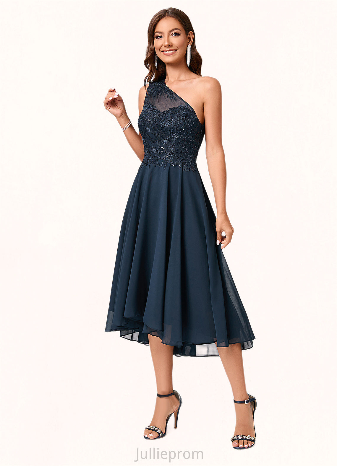 Ainsley A-line One Shoulder Asymmetrical Chiffon Lace Sequin Cocktail Dress With Sequins DQP0022245