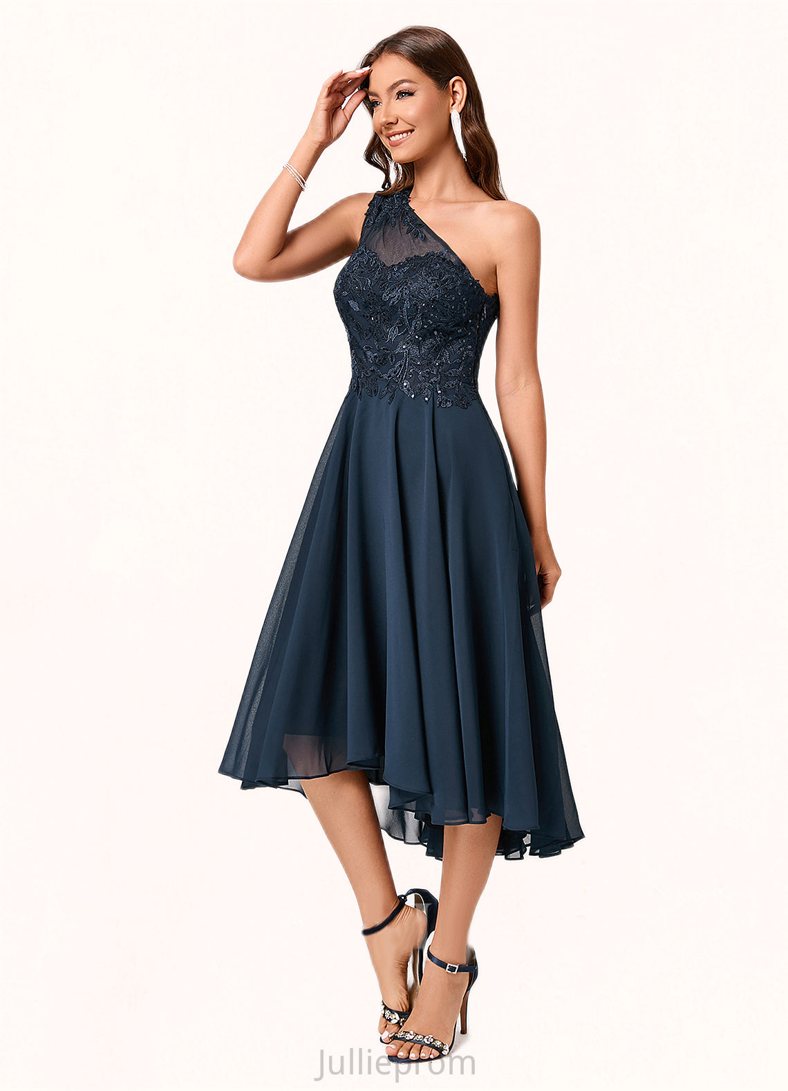 Ainsley A-line One Shoulder Asymmetrical Chiffon Lace Sequin Cocktail Dress With Sequins DQP0022245