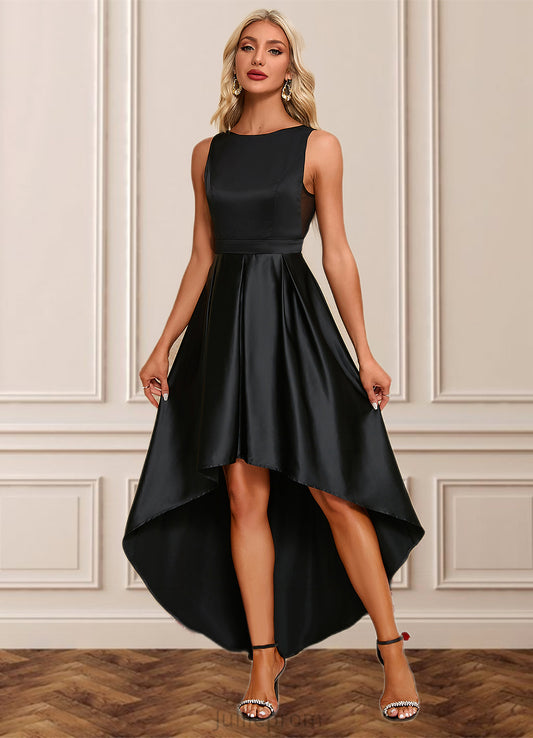 Terri Boat Neck Elegant A-line Satin Asymmetrical Dresses DQP0022257