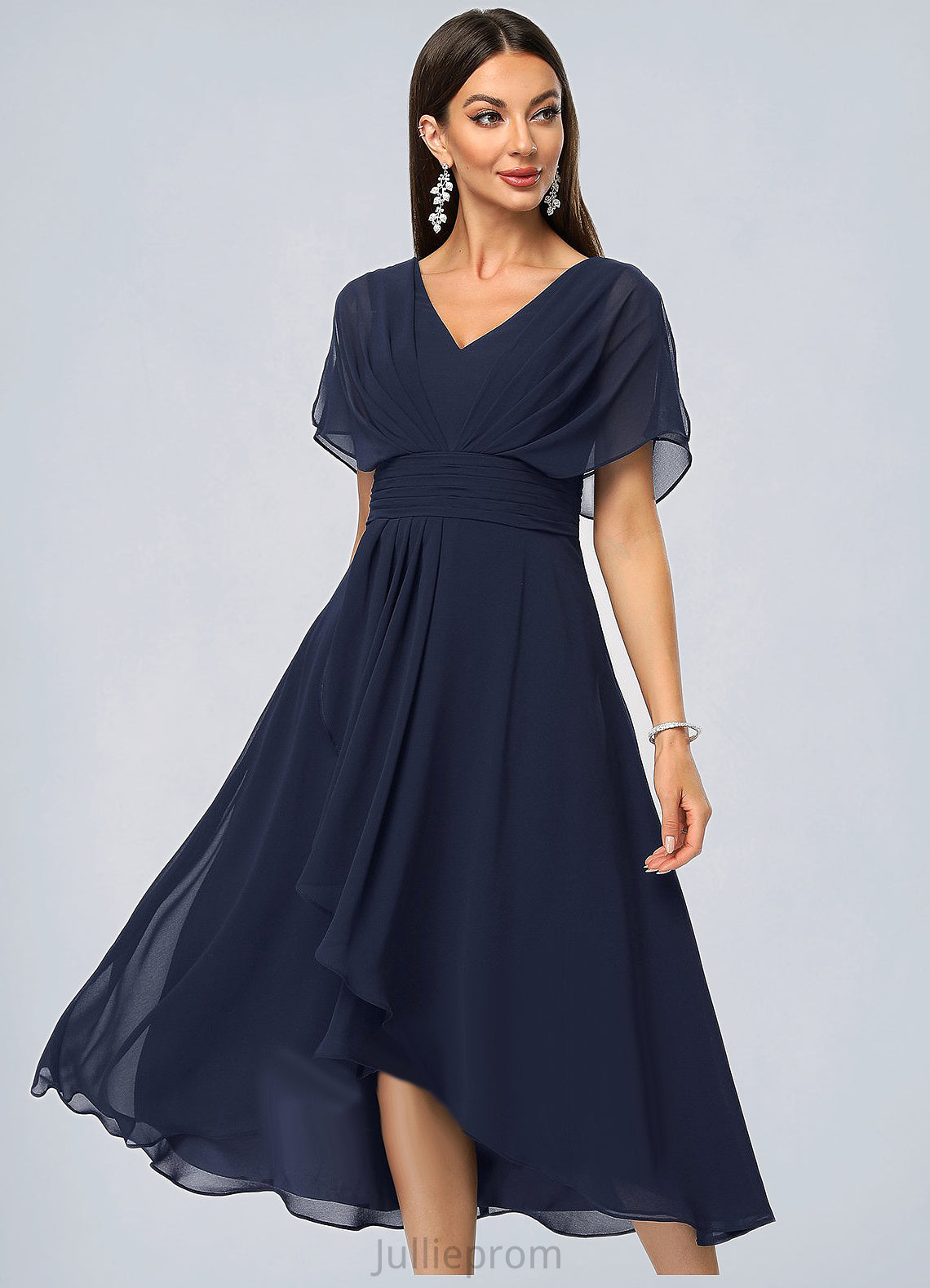 Susan A-line V-Neck Asymmetrical Chiffon Cocktail Dress With Cascading Ruffles DQP0022263