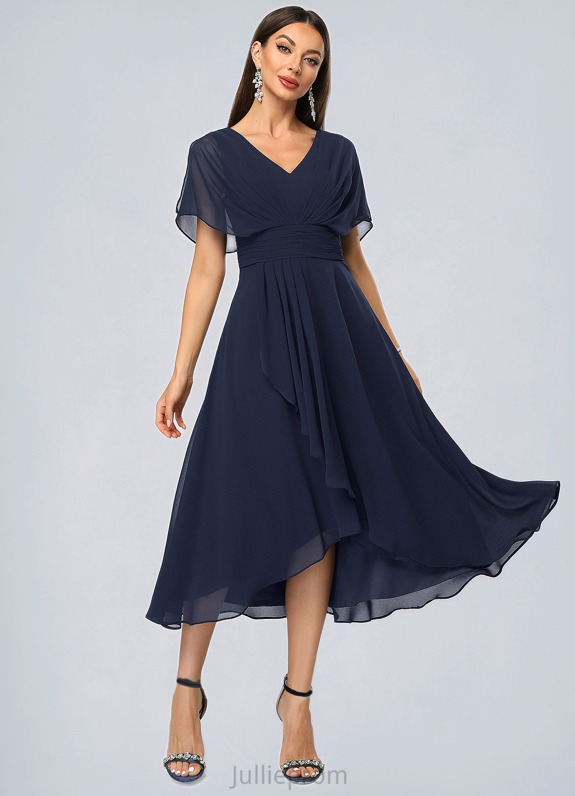 Susan A-line V-Neck Asymmetrical Chiffon Cocktail Dress With Cascading Ruffles DQP0022263