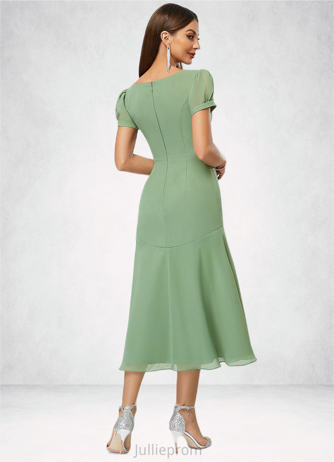 Aubree Trumpet/Mermaid V-Neck Tea-Length Chiffon Cocktail Dress With Pleated DQP0022315