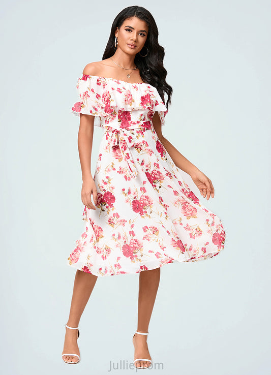 Laci A-line Off the Shoulder Knee-Length Chiffon Cocktail Dress With Bow DQP0022337