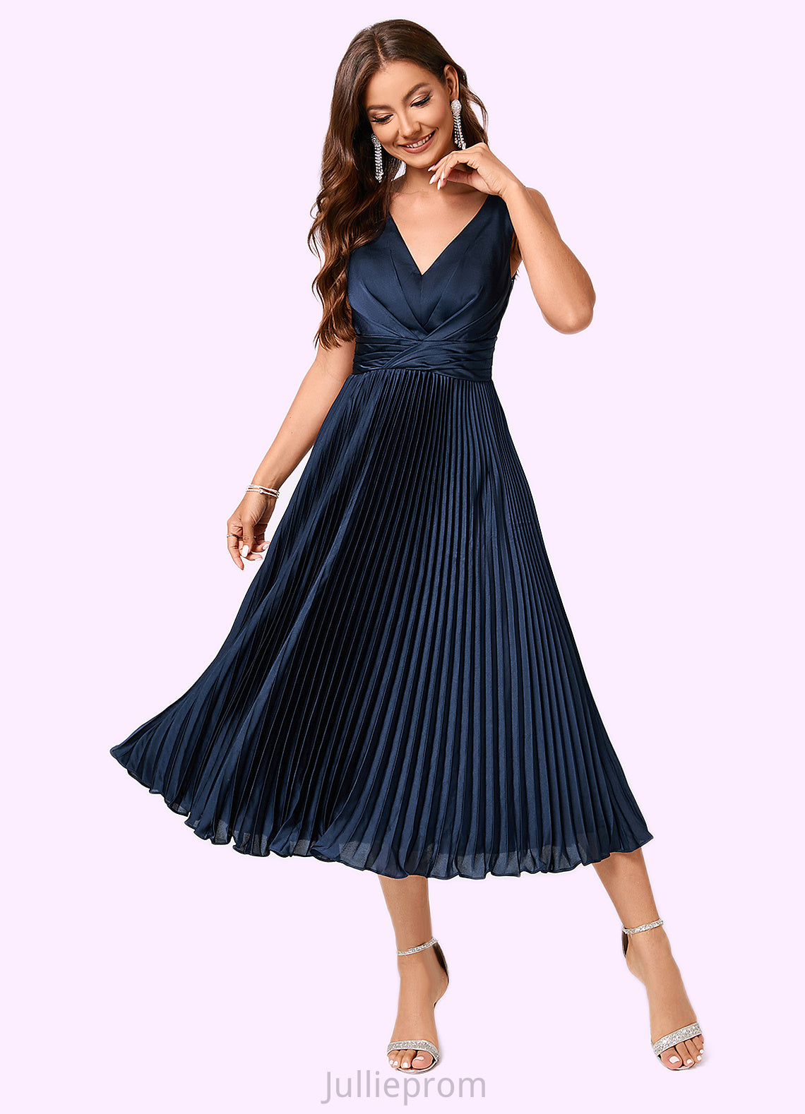 Bailee A-line V-Neck Tea-Length Silky Satin Cocktail Dress With Pleated Ruffle DQP0022341