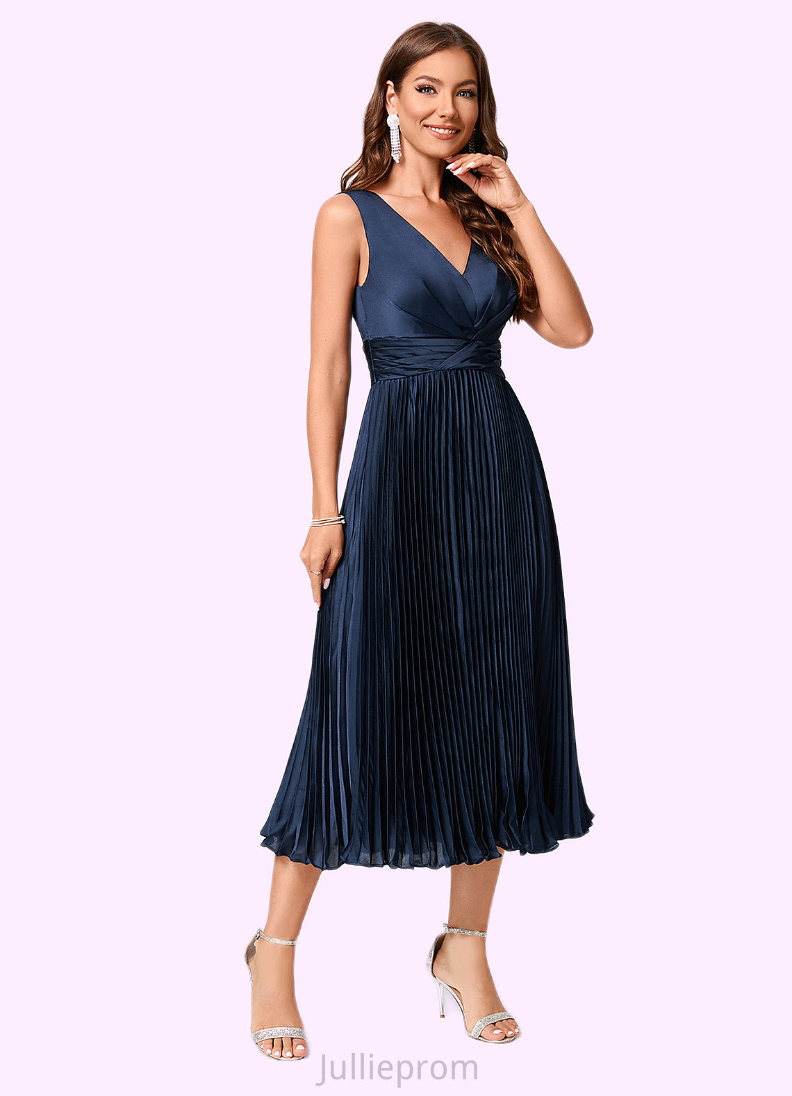 Bailee A-line V-Neck Tea-Length Silky Satin Cocktail Dress With Pleated Ruffle DQP0022341