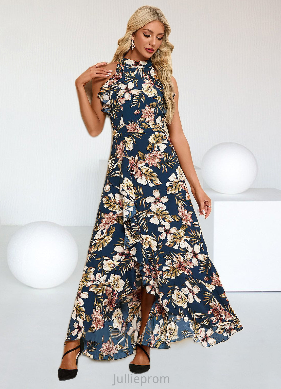 Sahna Ruffle Floral Print High Neck Elegant A-line Polyester Asymmetrical Dresses DQP0022373