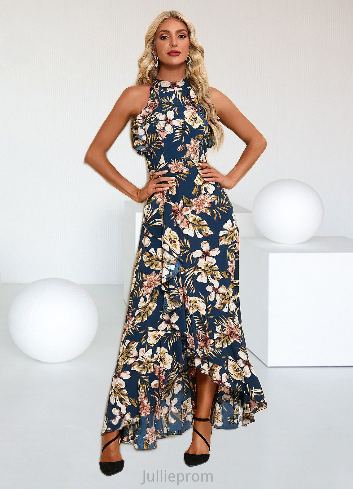 Sahna Ruffle Floral Print High Neck Elegant A-line Polyester Asymmetrical Dresses DQP0022373