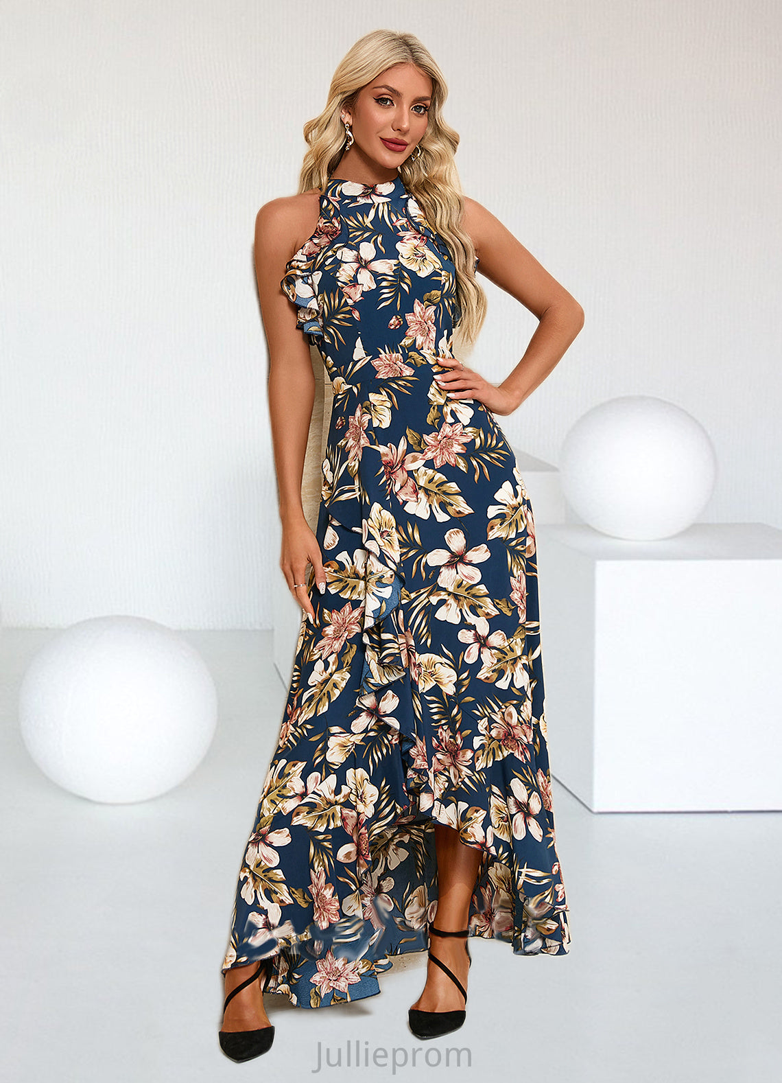 Sahna Ruffle Floral Print High Neck Elegant A-line Polyester Asymmetrical Dresses DQP0022373