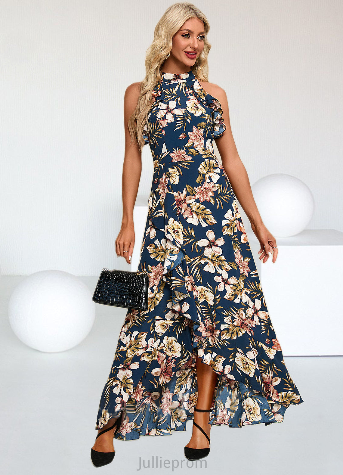 Sahna Ruffle Floral Print High Neck Elegant A-line Polyester Asymmetrical Dresses DQP0022373