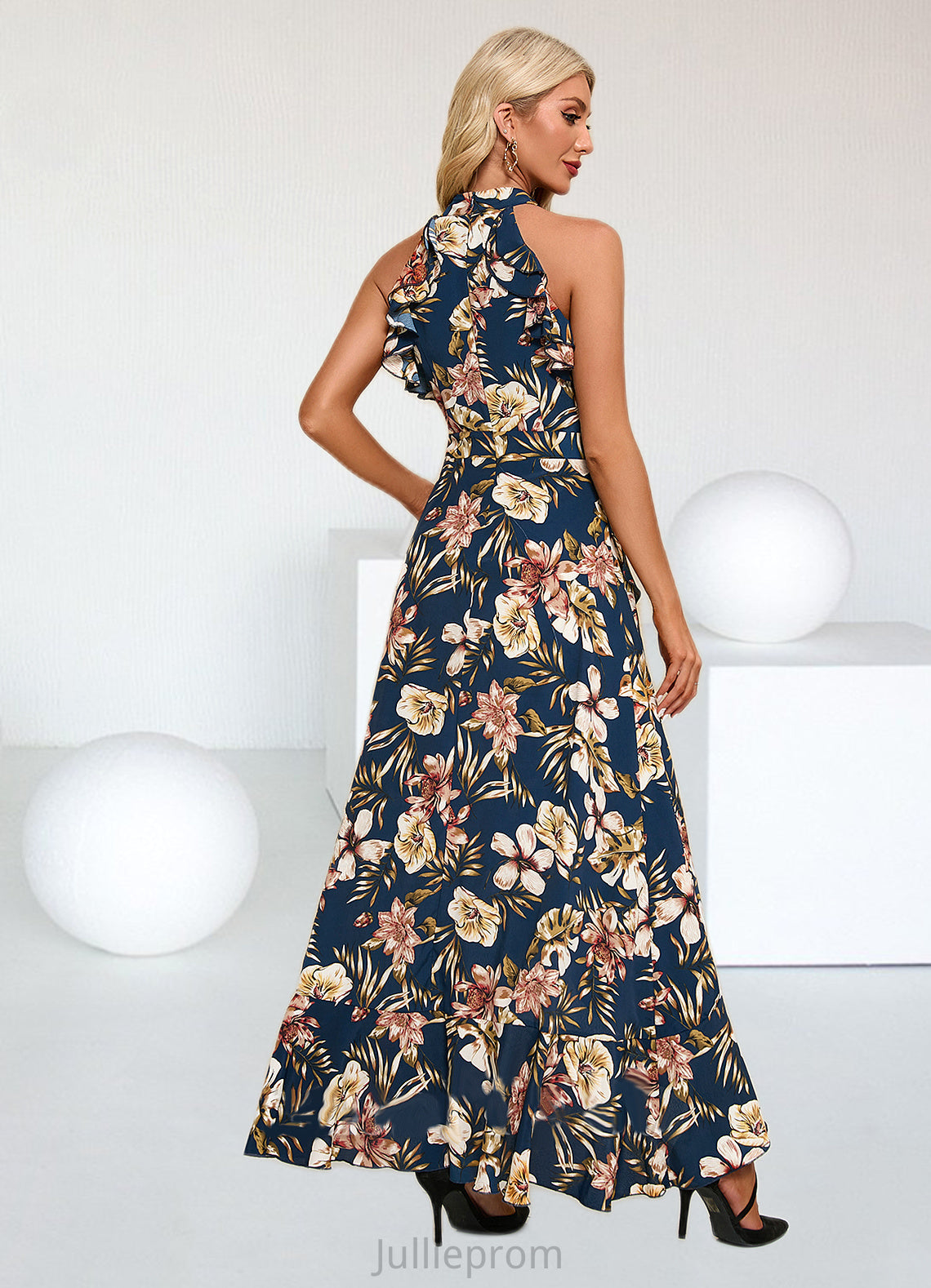 Sahna Ruffle Floral Print High Neck Elegant A-line Polyester Asymmetrical Dresses DQP0022373