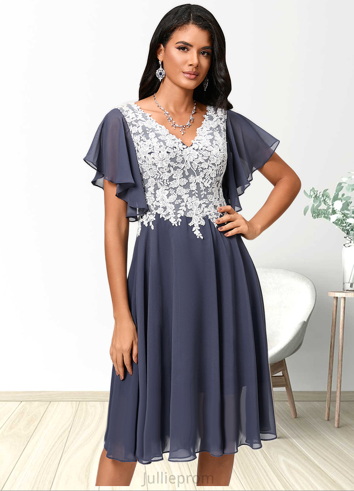 Winifred A-line V-Neck Knee-Length Chiffon Lace Cocktail Dress DQP0022376