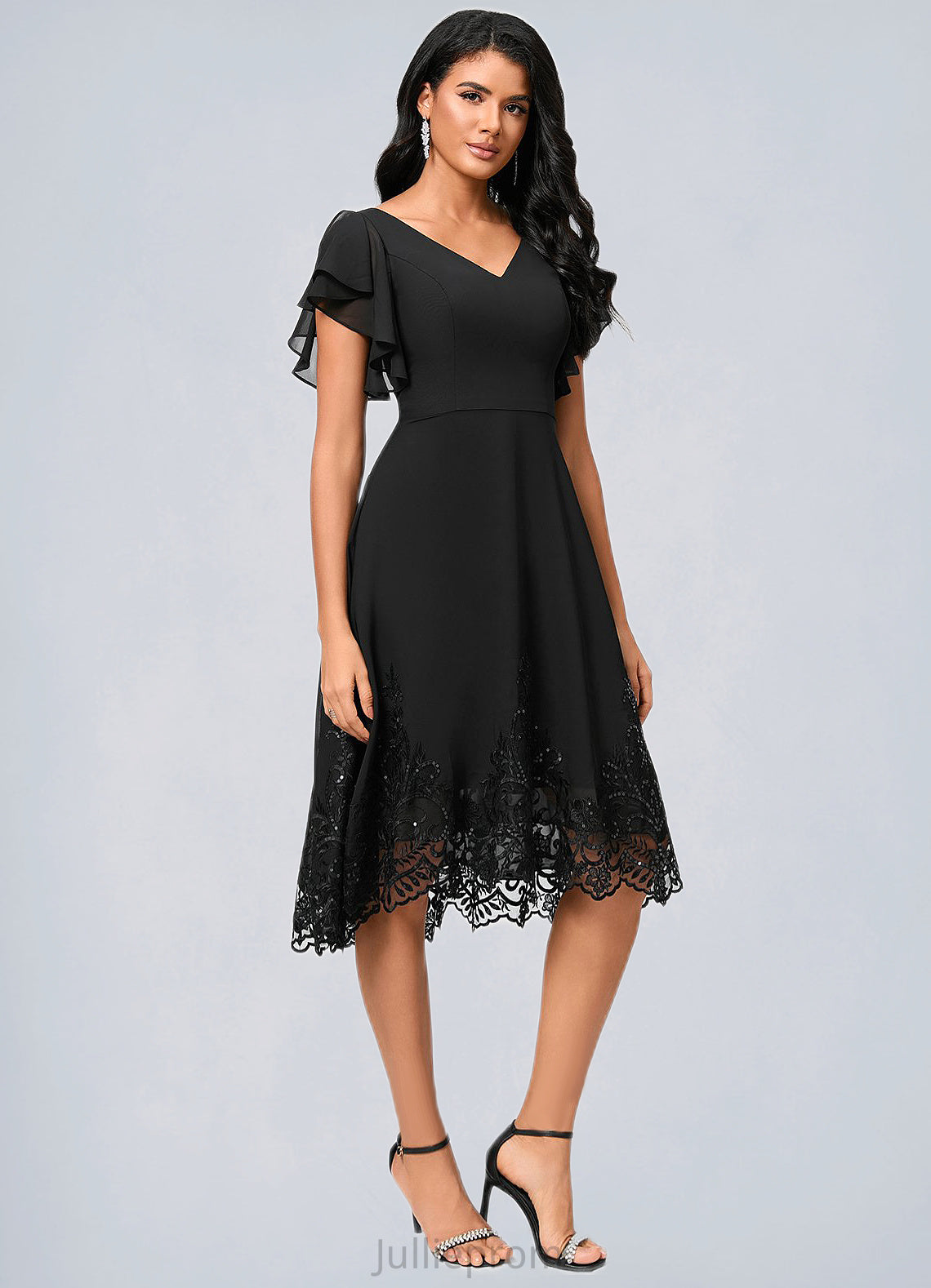 Noelle A-line V-Neck Asymmetrical Chiffon Lace Cocktail Dress With Sequins DQP0022377