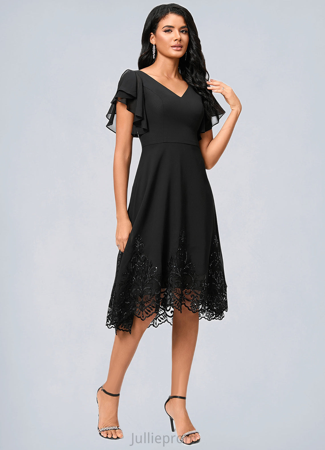 Noelle A-line V-Neck Asymmetrical Chiffon Lace Cocktail Dress With Sequins DQP0022377