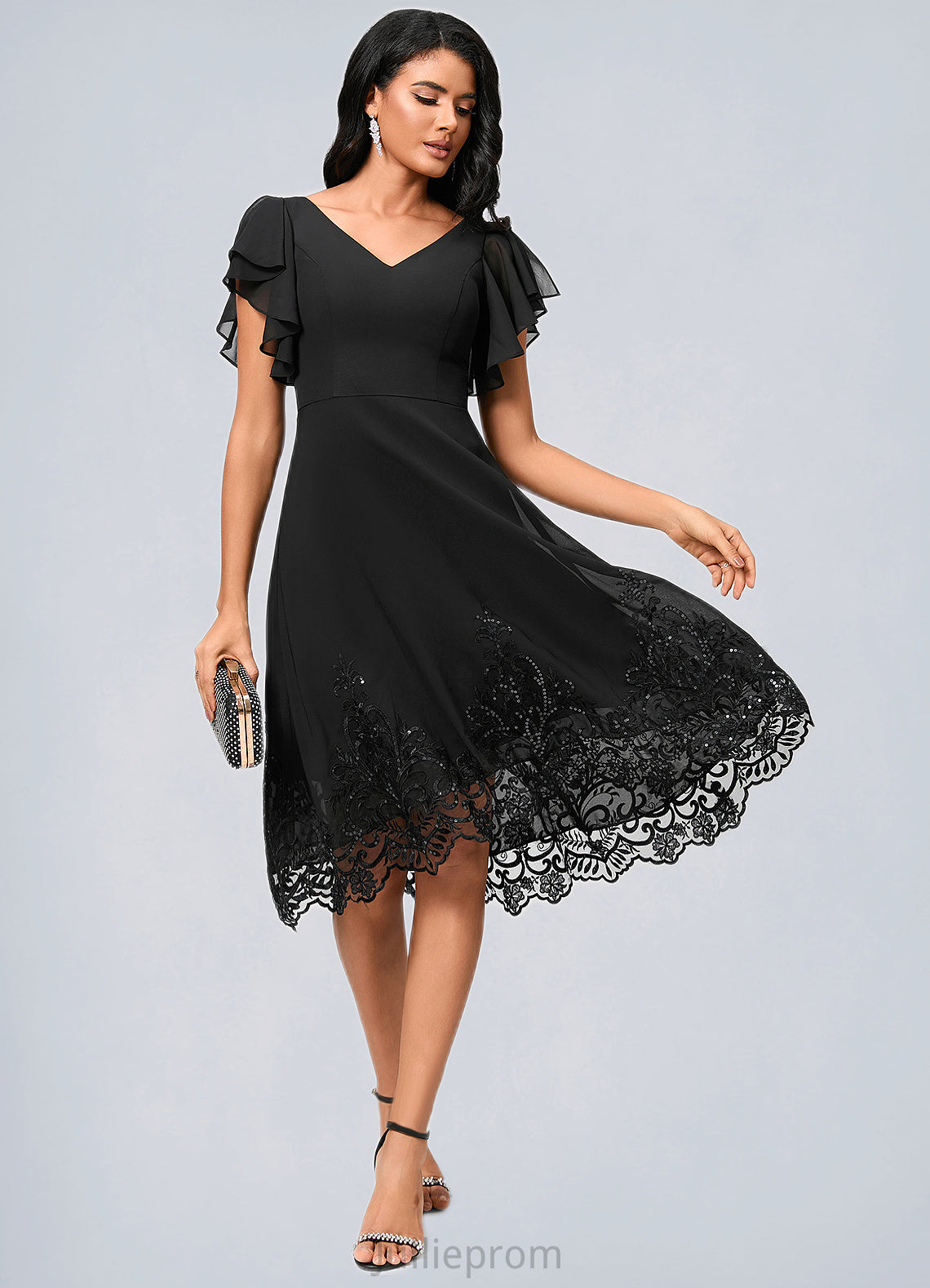 Noelle A-line V-Neck Asymmetrical Chiffon Lace Cocktail Dress With Sequins DQP0022377