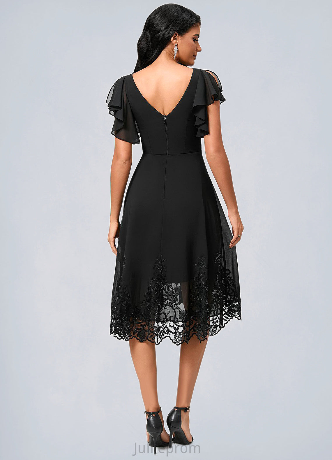 Noelle A-line V-Neck Asymmetrical Chiffon Lace Cocktail Dress With Sequins DQP0022377