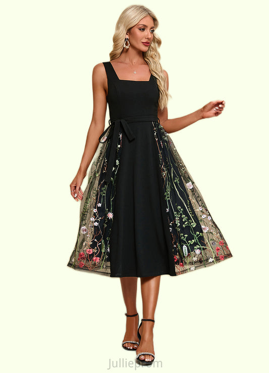 Selena Flower Jacquard Square Elegant A-line Polyester Tulle Midi Dresses DQP0022392