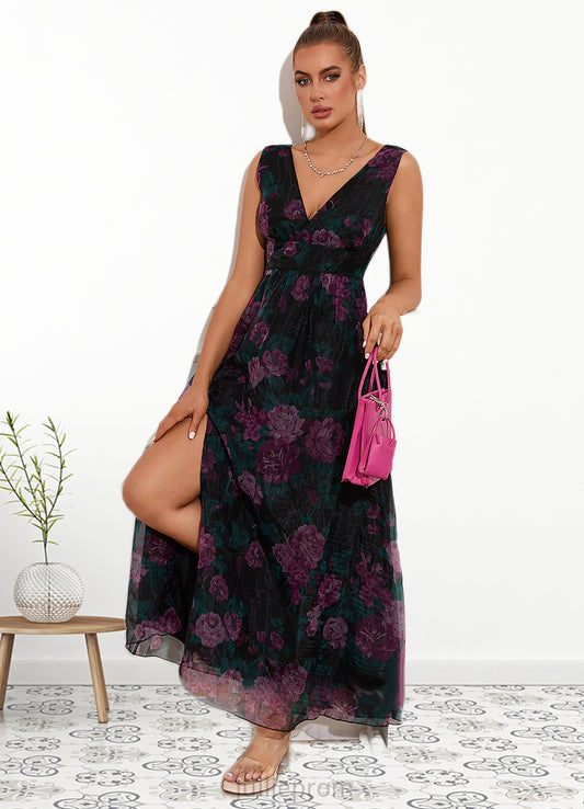 Mackenzie Floral Print V-Neck Elegant A-line Organza Maxi Dresses DQP0022406