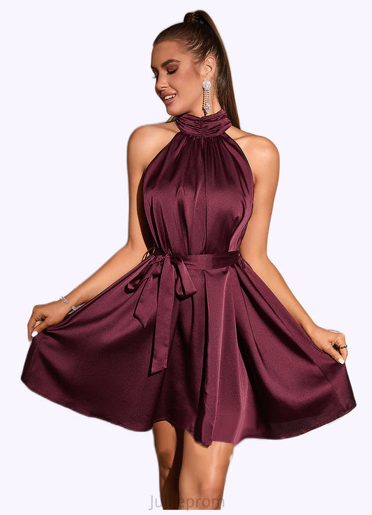 Veronica Ruffle High Neck Elegant A-line Satin Mini Dresses DQP0022436