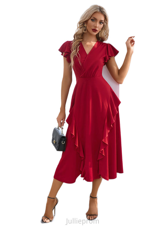 Kierra Cascading Ruffles V-Neck Elegant A-line Cotton Blends Midi Dresses DQP0022444