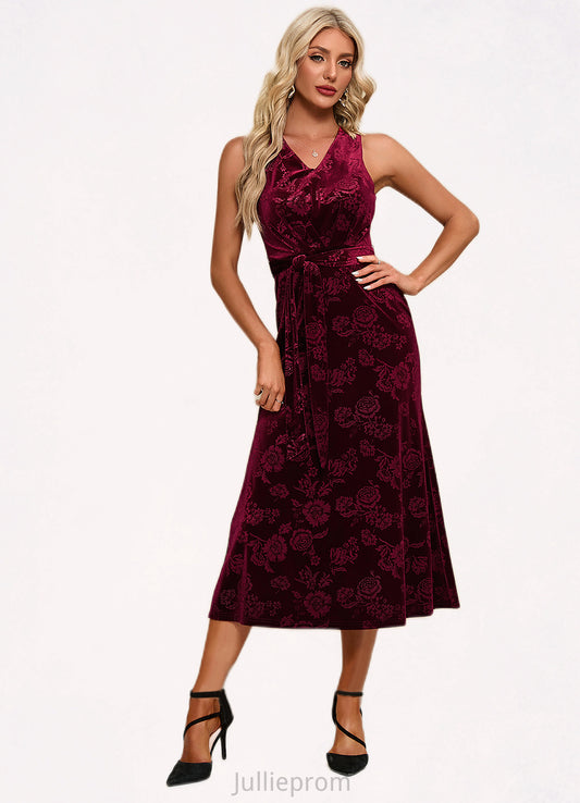 Viv Flower V-Neck Elegant A-line Velvet Midi Dresses DQP0022504