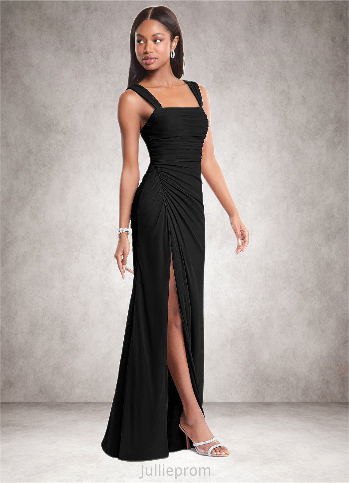 Breanna Sheath Ruched Mesh Floor-Length Dress black DQP0022704