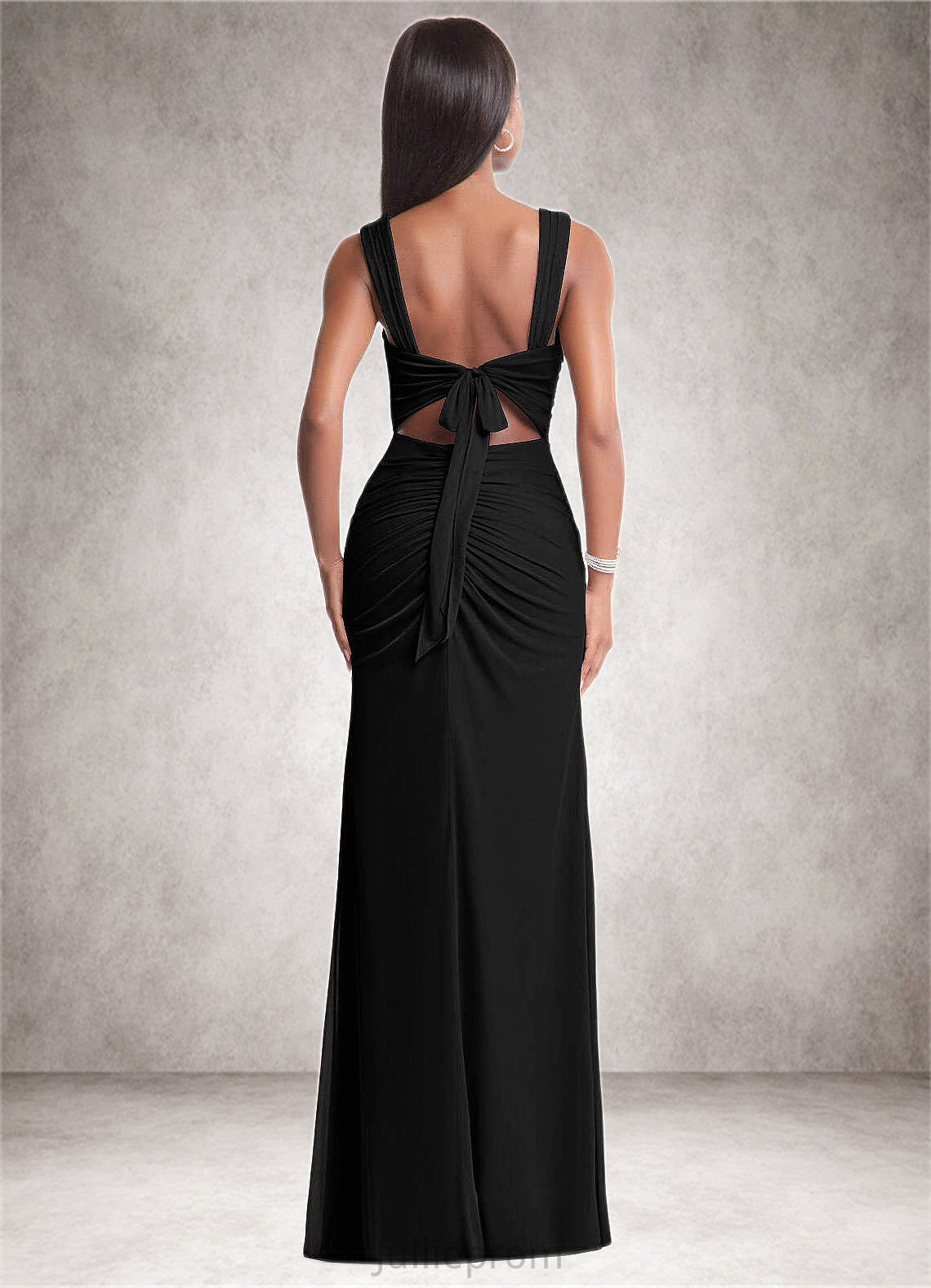 Breanna Sheath Ruched Mesh Floor-Length Dress black DQP0022704