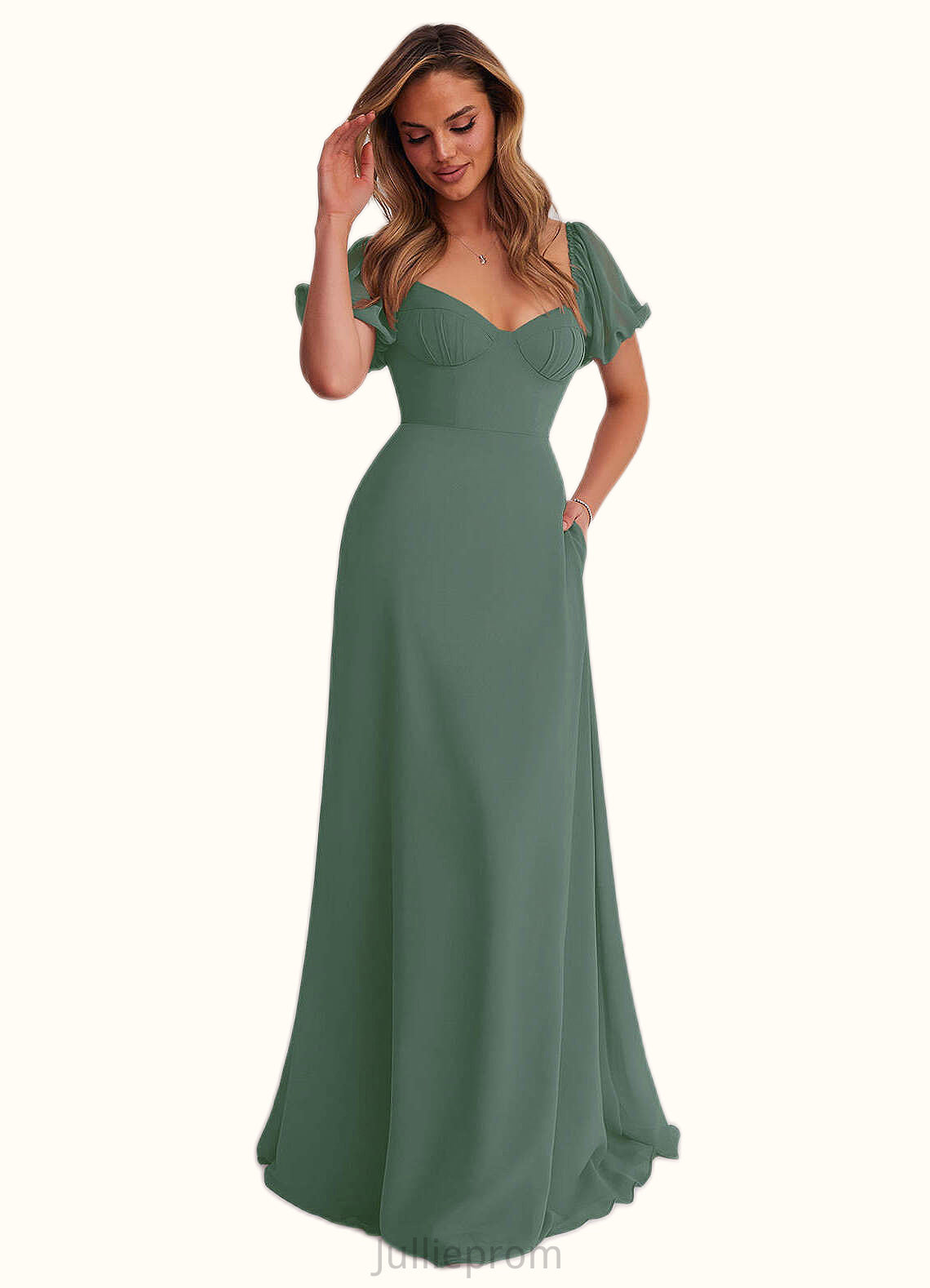 Cora Chiffon A-line Dress with Puff Sleeves Eucalyptus DQP0022709