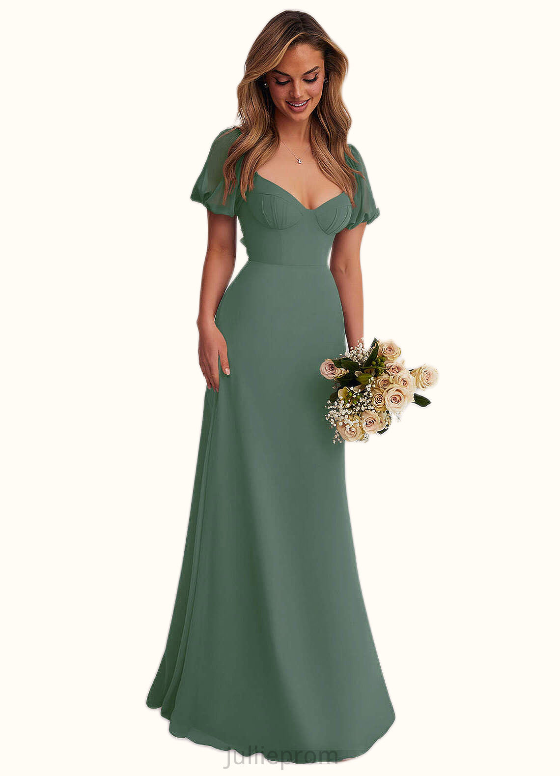 Cora Chiffon A-line Dress with Puff Sleeves Eucalyptus DQP0022709