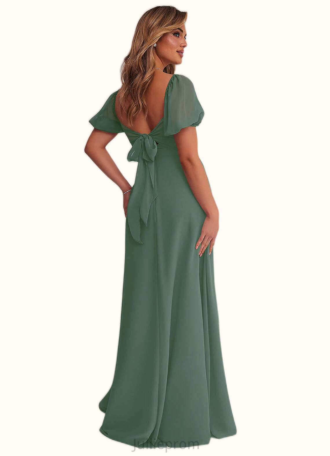 Cora Chiffon A-line Dress with Puff Sleeves Eucalyptus DQP0022709