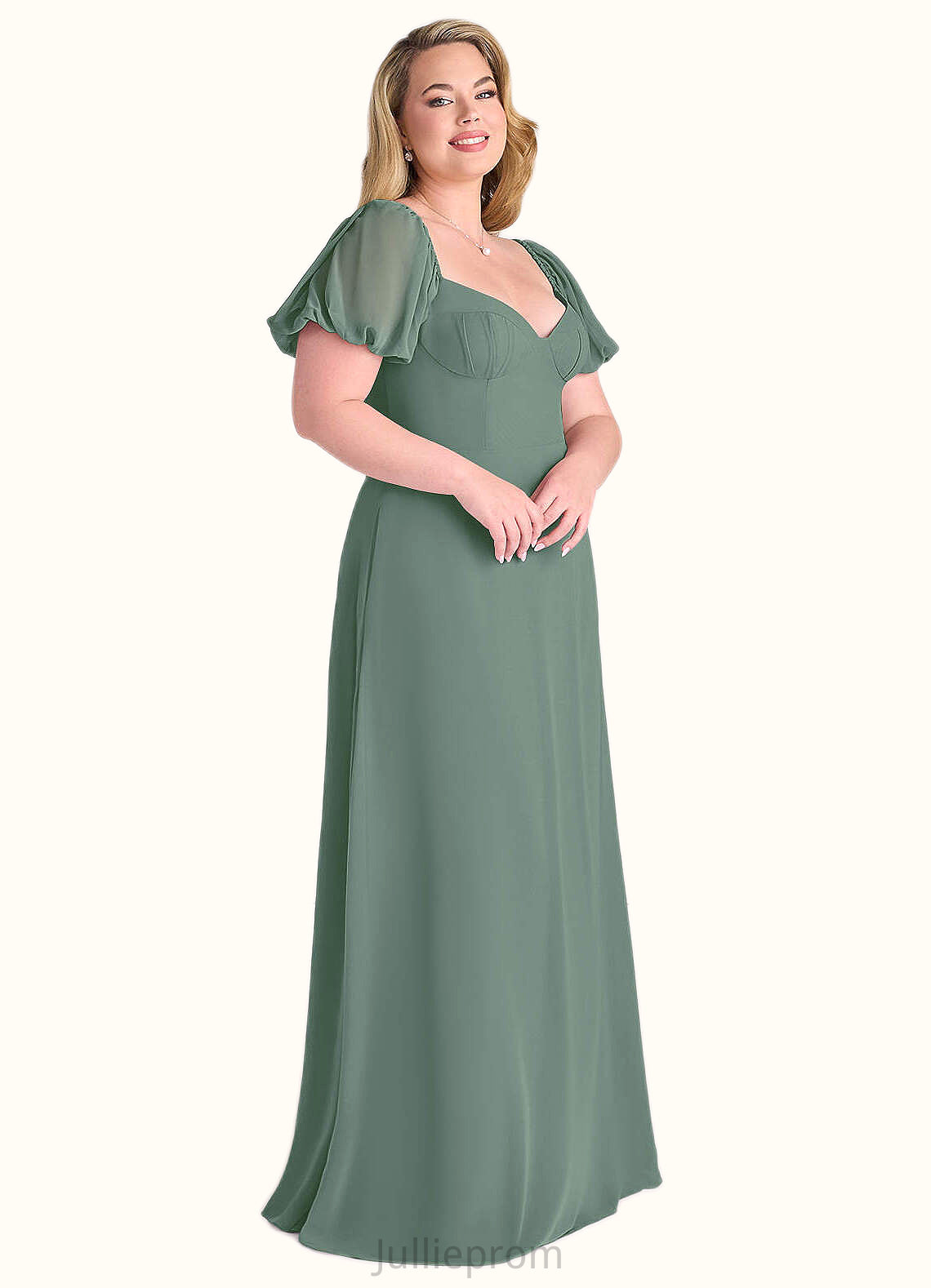 Cora Chiffon A-line Dress with Puff Sleeves Eucalyptus DQP0022709