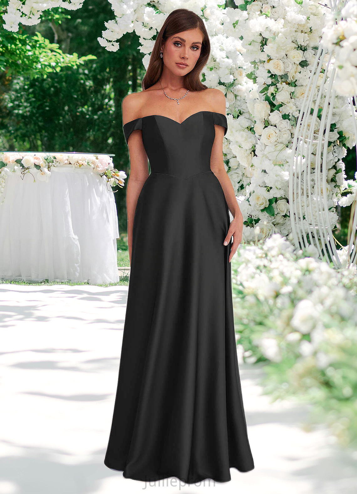 Eileen Off Shoulder Dropwaist Stretch Satin Ball Gown black DQP0022726