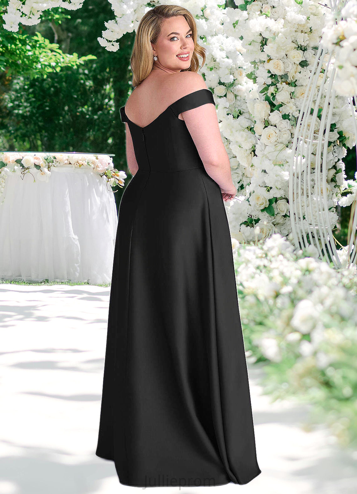 Eileen Off Shoulder Dropwaist Stretch Satin Ball Gown black DQP0022726