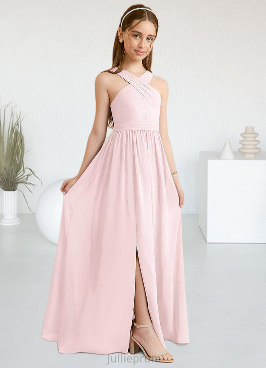 Leah A-Line Pleated Chiffon Floor-Length Junior Bridesmaid Dress Blushing Pink DQP0022849