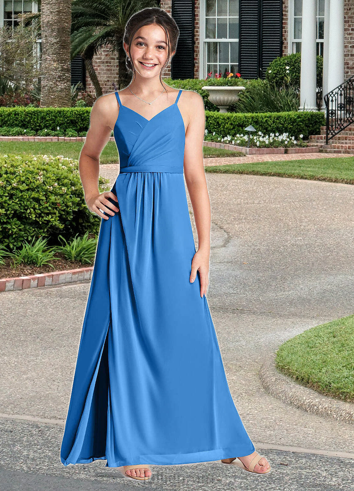 Bria Pleated Mesh Floor-Length Junior Bridesmaid Dress Blue Jay DQP0022861