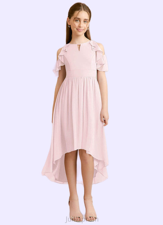 Ariella A-Line Ruched Chiffon Asymmetrical Junior Bridesmaid Dress Blushing Pink DQP0022862