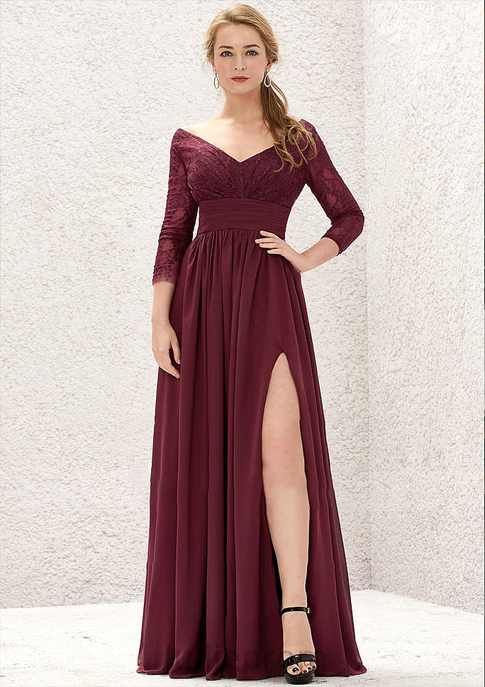 A-line V Neck Full/Long Sleeve Long/Floor-Length Chiffon Bridesmaid Dresses With Lace Split Pleated Cora DQP0025304