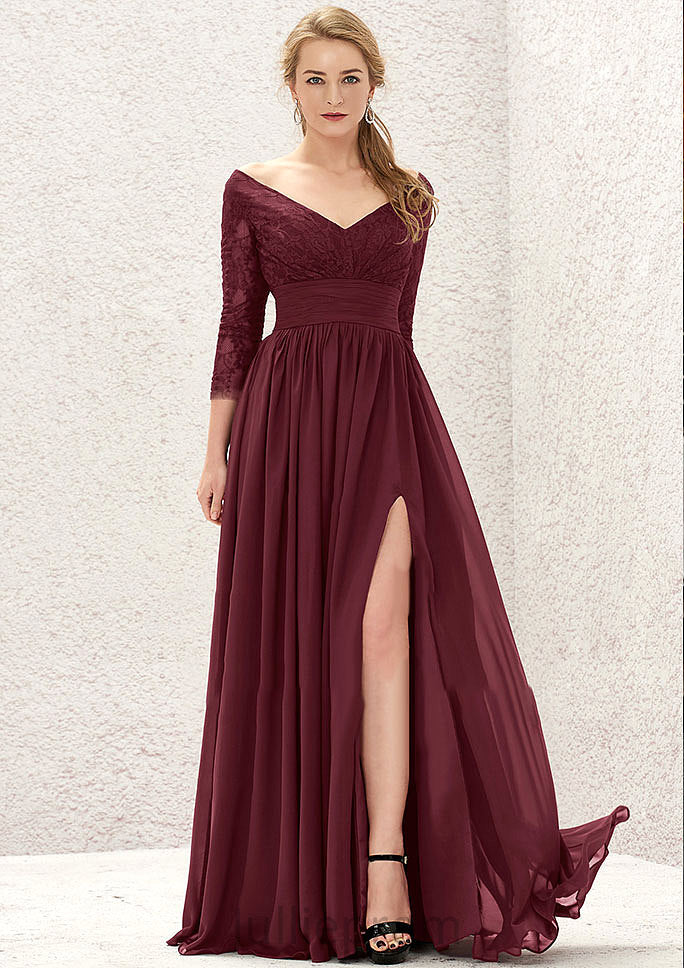 A-line V Neck Full/Long Sleeve Long/Floor-Length Chiffon Bridesmaid Dresses With Lace Split Pleated Cora DQP0025304