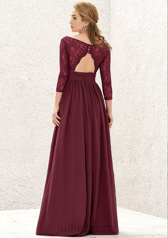 A-line V Neck Full/Long Sleeve Long/Floor-Length Chiffon Bridesmaid Dresses With Lace Split Pleated Cora DQP0025304