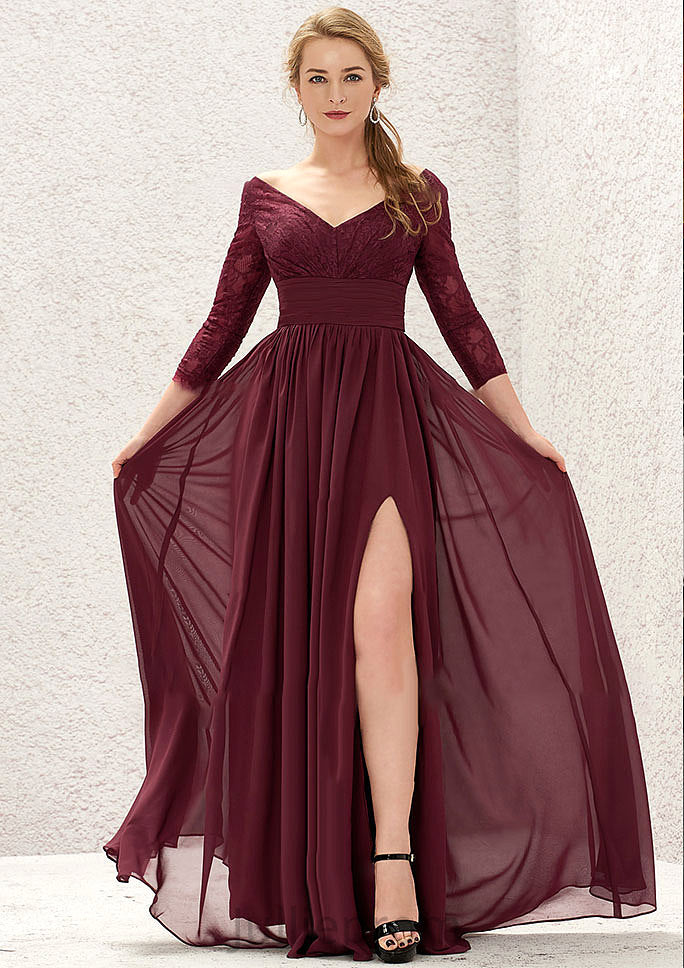 A-line V Neck Full/Long Sleeve Long/Floor-Length Chiffon Bridesmaid Dresses With Lace Split Pleated Cora DQP0025304