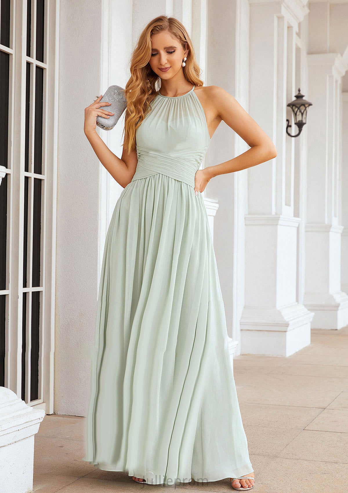 A-line Halter Sleeveless Long/Floor-Length Chiffon Bridesmaid Dresses With Pleated Florence DQP0025325