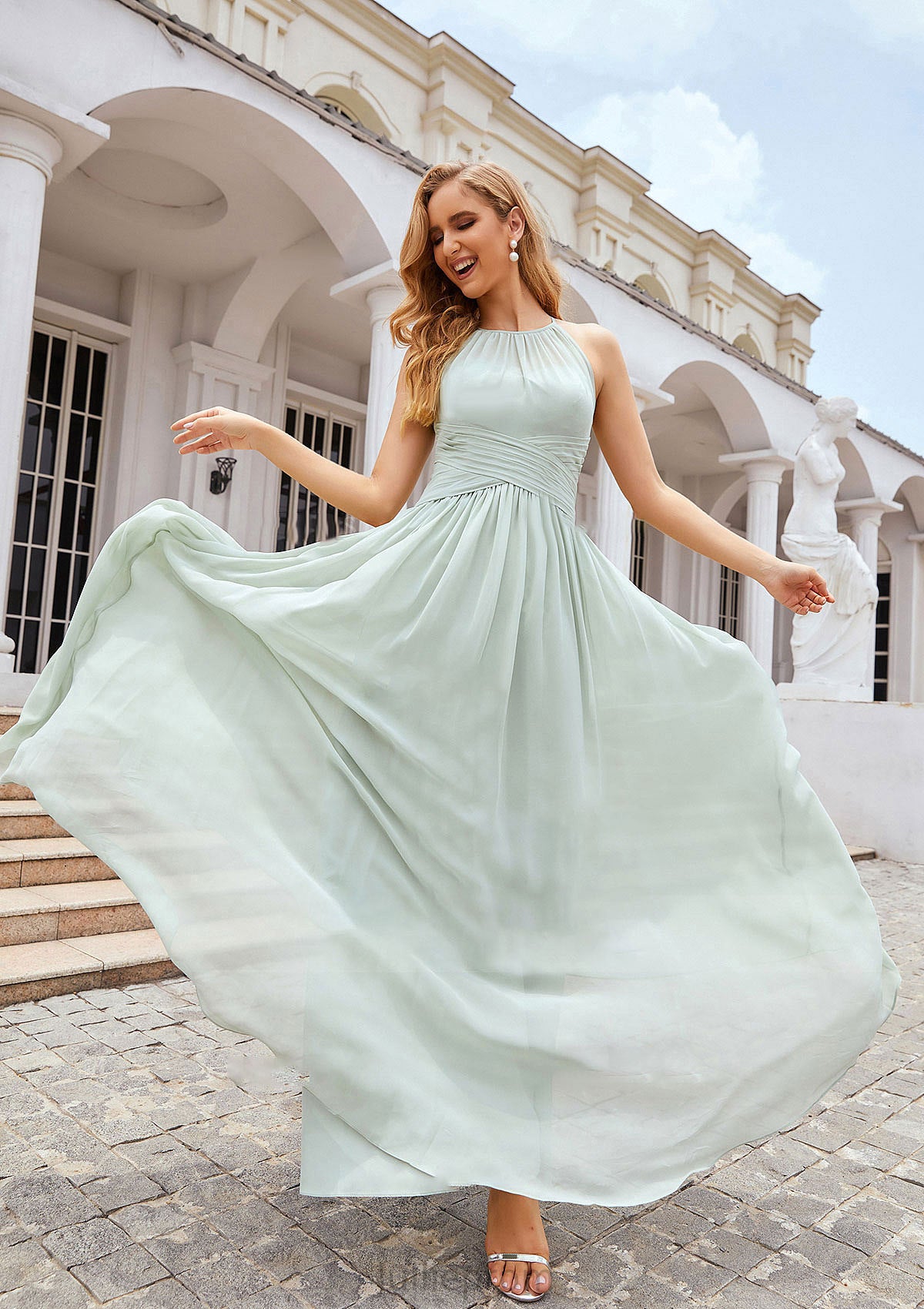 A-line Halter Sleeveless Long/Floor-Length Chiffon Bridesmaid Dresses With Pleated Florence DQP0025325